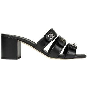 Chanel 19P Black Leather Turnlock CC Logo Mule Strap Slide Block Heel Sandal 36